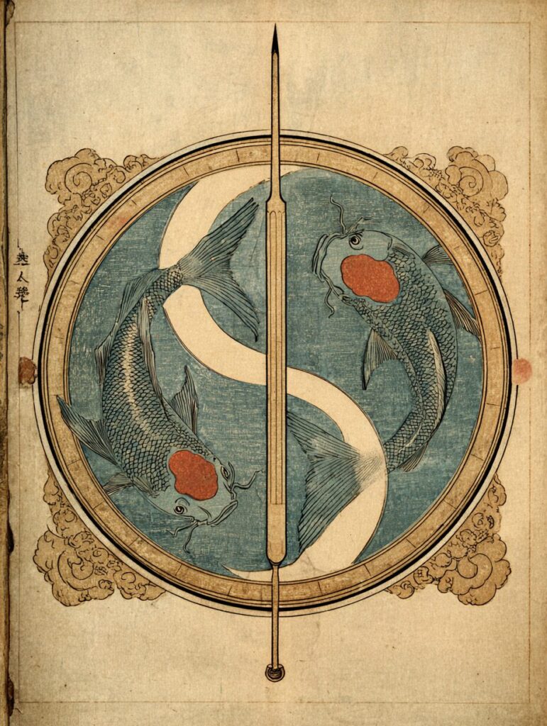 Home acupuncture needle image against a background of fish in the shape of a yin yang symbol